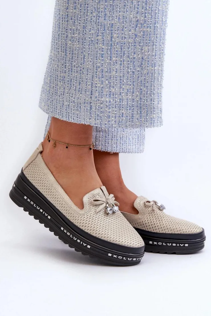 Damskie Damskie buty S.Barski Błyszczące Mokasyny Damskie Skórzane Na Platformie S.Barski LR400 Złote