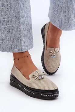 Damskie Damskie buty S.Barski Błyszczące Mokasyny Damskie Skórzane Na Platformie S.Barski LR400 Złote