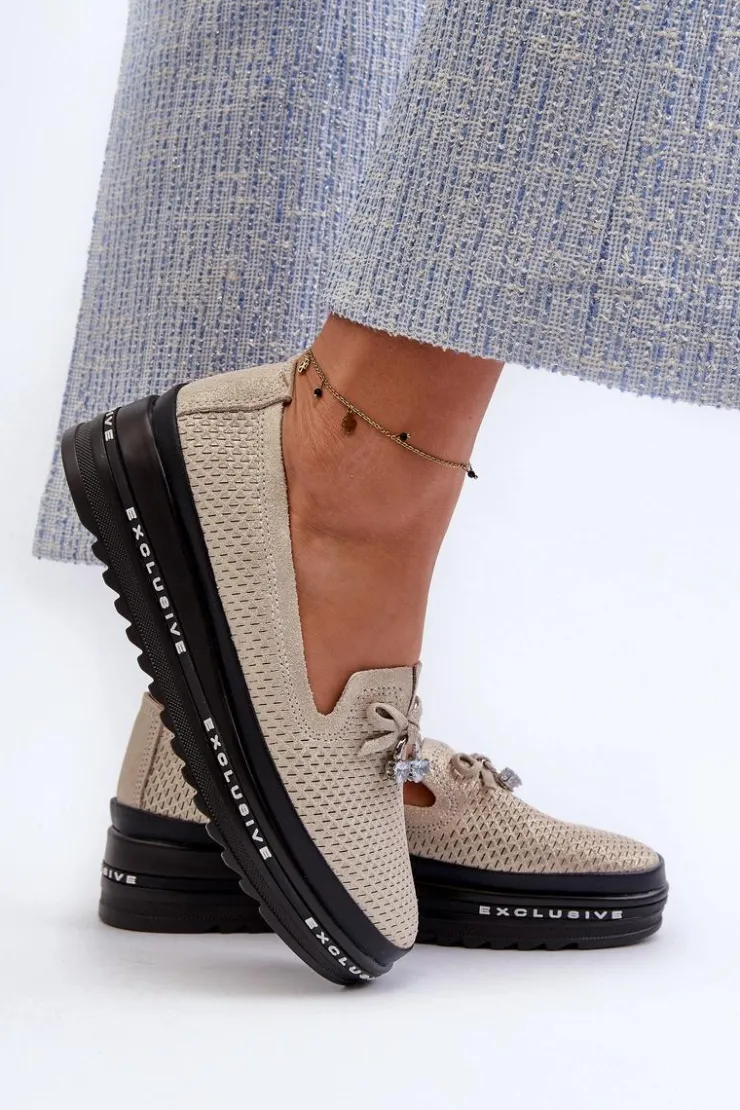 Damskie Damskie buty S.Barski Błyszczące Mokasyny Damskie Skórzane Na Platformie S.Barski LR400 Złote