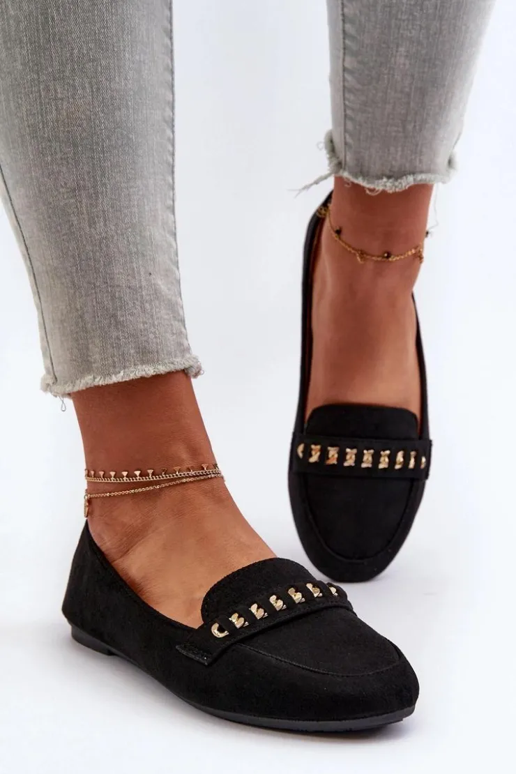 Hot Boto Błyszczące Mokasyny Damskie Z Łańcuchem Czarne Aredilla