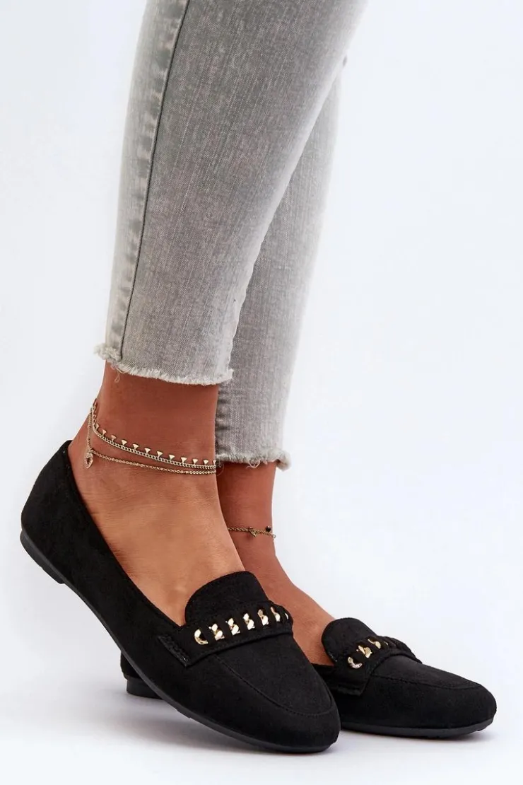 Hot Boto Błyszczące Mokasyny Damskie Z Łańcuchem Czarne Aredilla