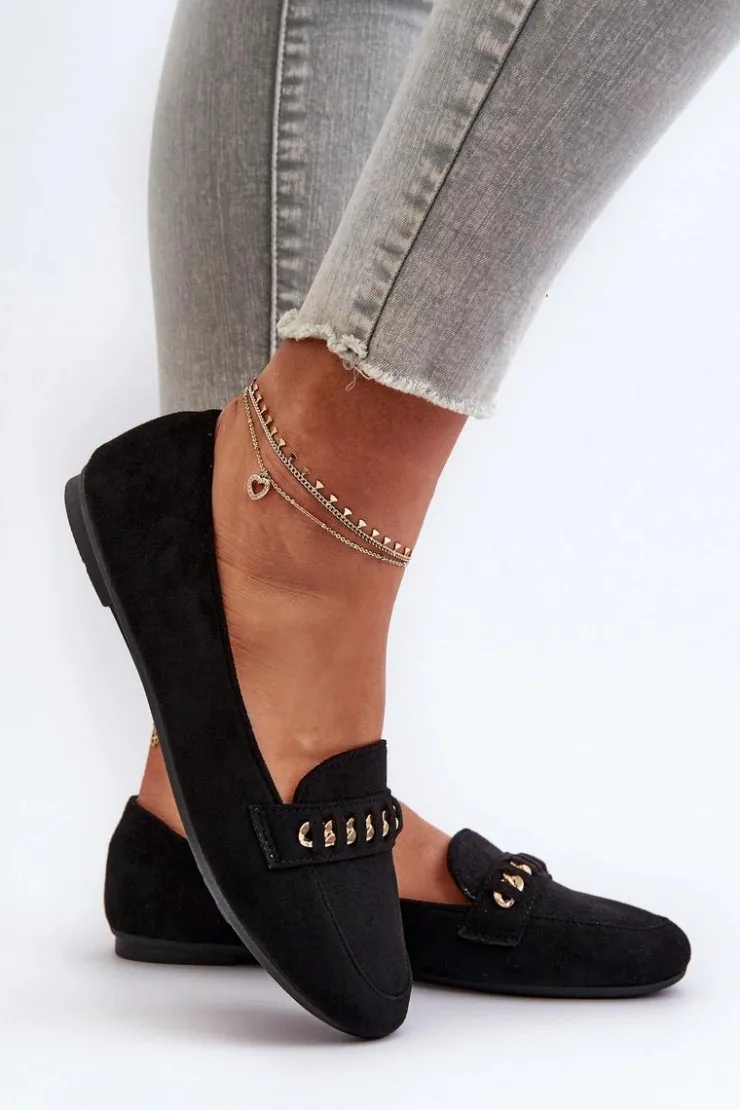 Hot Boto Błyszczące Mokasyny Damskie Z Łańcuchem Czarne Aredilla