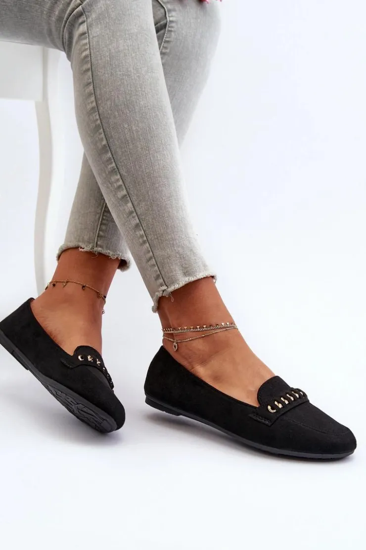 Hot Boto Błyszczące Mokasyny Damskie Z Łańcuchem Czarne Aredilla