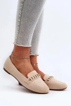 Damskie Boto Błyszczące Mokasyny Damskie Z Łańcuchem Beżowe Aredilla