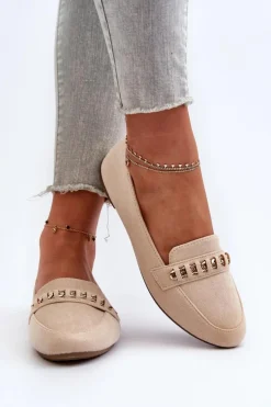 Damskie Boto Błyszczące Mokasyny Damskie Z Łańcuchem Beżowe Aredilla