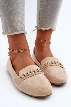 Damskie Boto Błyszczące Mokasyny Damskie Z Łańcuchem Beżowe Aredilla