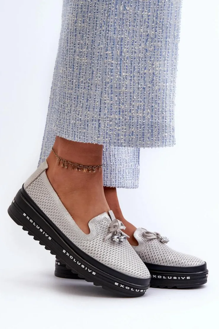 Damskie buty S.Barski Loafersy Damskie|Mokasyny Damskie Skórzane*Błyszczące Mokasyny Damskie Skórzane Na Platformie S.Barski LR400 Srebrne Srebrny