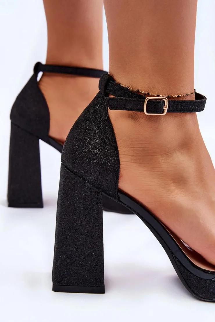 Boto Sandały Na Obcasie*Błyszczące Sandałki Na Masywnym Obcasie Czarne Calmi Czarny
