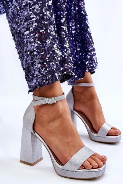 Damskie Boto Błyszczące Sandałki Na Masywnym Obcasie Srebrne Calmi
