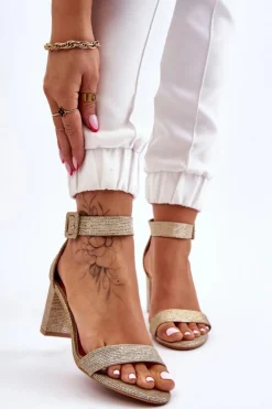 Damskie Boto Błyszczące Sandałki Na Obcasie Złote Maxim