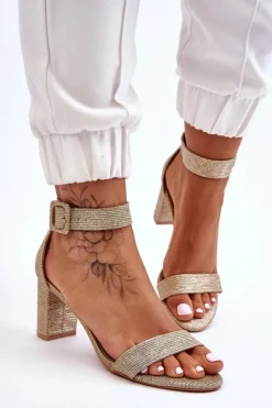 Damskie Boto Błyszczące Sandałki Na Obcasie Złote Maxim