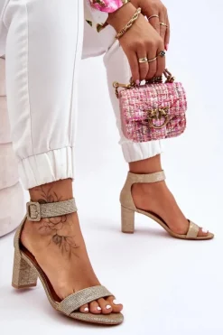 Damskie Boto Błyszczące Sandałki Na Obcasie Złote Maxim