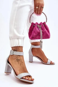 Boto Sandały Na Obcasie*Błyszczące Sandałki Na Obcasie Srebrne Maxim