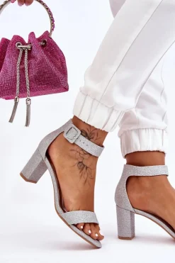 Boto Sandały Na Obcasie*Błyszczące Sandałki Na Obcasie Srebrne Maxim