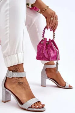 Boto Sandały Na Obcasie*Błyszczące Sandałki Na Obcasie Srebrne Maxim