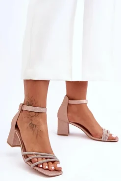 New Boto Błyszczące Sandałki Na Obcasie Beżowe Enenor