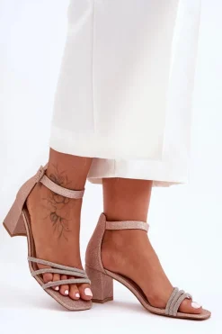 New Boto Błyszczące Sandałki Na Obcasie Beżowe Enenor