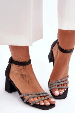 Sale Boto Błyszczące Sandałki Na Obcasie Czarne Enenor