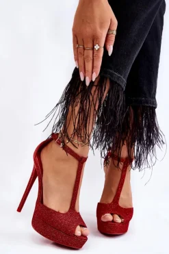Boto Sandały Na Obcasie*Błyszczące Sandałki Na Wysokim Obcasie Czerwone Marisha