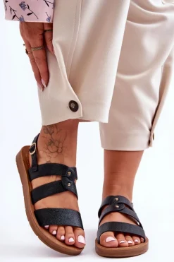 Damskie Boto Błyszczące Sandały Damskie Czarne Catalia