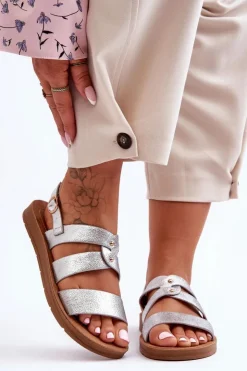 Clearance Boto Błyszczące Sandały Damskie Srebrne Catalia