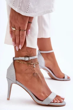 Boto Sandały Na Obcasie*Błyszczące Sandały Na Szpilce Srebrne Gedna