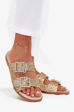 Boto Klapki Damskie Klasyczne*Błyszczące Zdobione Klapki Z Klamrami Na Płaskim Obcasie Złote Tovira Złoty