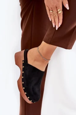 Outlet Boto Chodaki Klapki Damskie Z Ćwiekami Eko Zamszowe Czarne Ellason Czarny