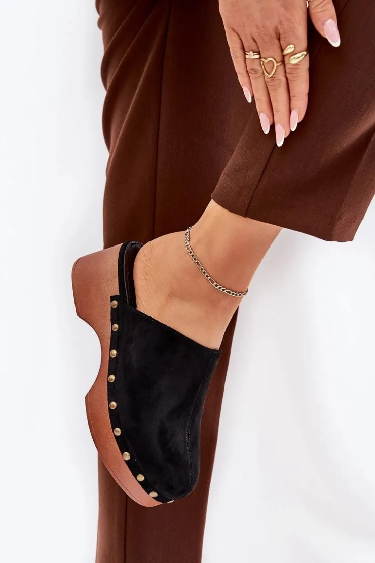 Outlet Boto Chodaki Klapki Damskie Z Ćwiekami Eko Zamszowe Czarne Ellason Czarny