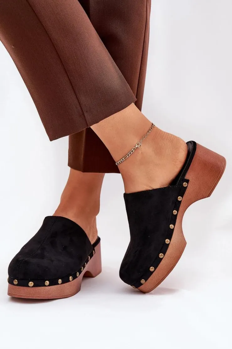 Outlet Boto Chodaki Klapki Damskie Z Ćwiekami Eko Zamszowe Czarne Ellason Czarny