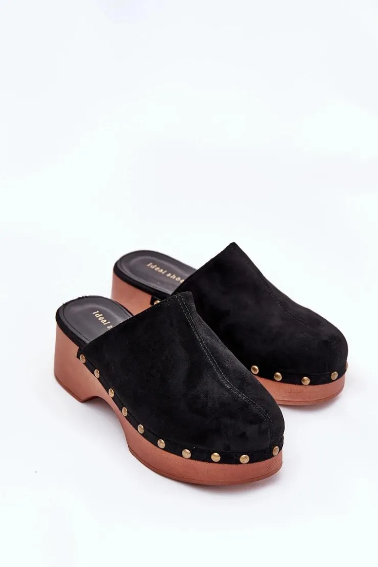 Outlet Boto Chodaki Klapki Damskie Z Ćwiekami Eko Zamszowe Czarne Ellason Czarny