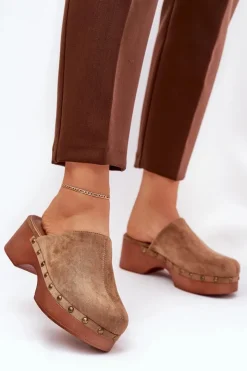 Clearance Boto Chodaki Klapki Damskie Z Ćwiekami Eko Zamszowe Camel Ellason