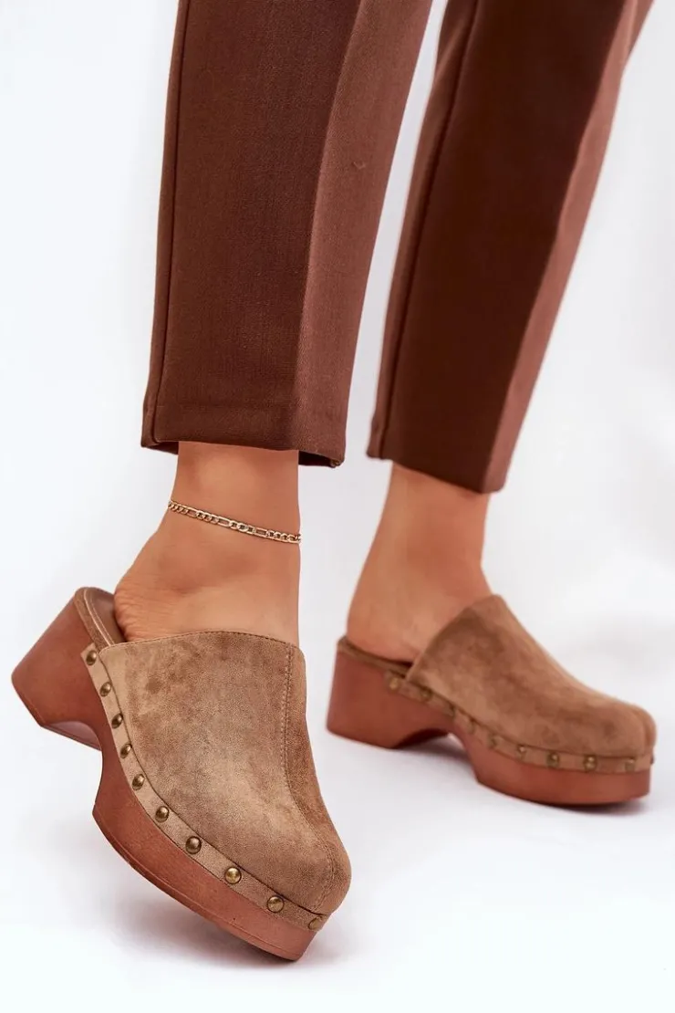 Clearance Boto Chodaki Klapki Damskie Z Ćwiekami Eko Zamszowe Camel Ellason