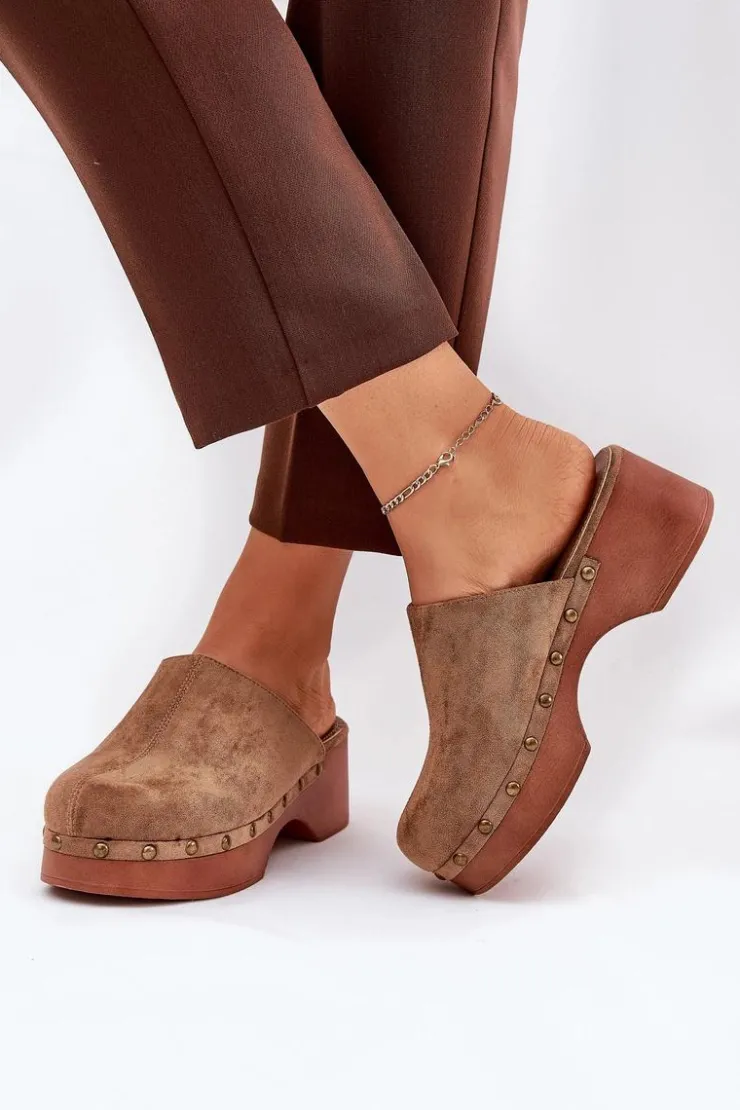 Clearance Boto Chodaki Klapki Damskie Z Ćwiekami Eko Zamszowe Camel Ellason