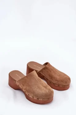 Clearance Boto Chodaki Klapki Damskie Z Ćwiekami Eko Zamszowe Camel Ellason