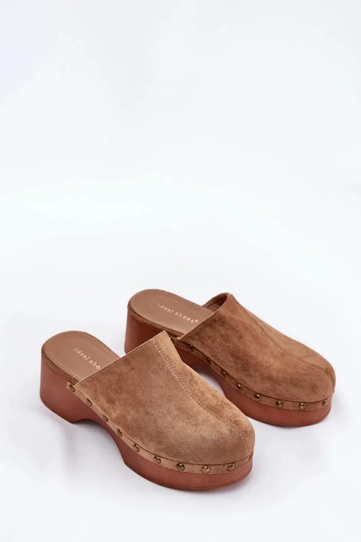 Clearance Boto Chodaki Klapki Damskie Z Ćwiekami Eko Zamszowe Camel Ellason