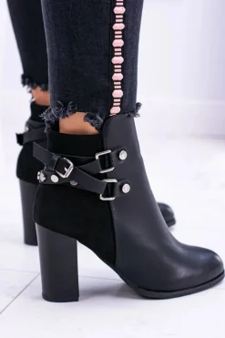 Damskie Boto Czarne Botki Na Słupku Z Paskami Lico Zamsz Nevada