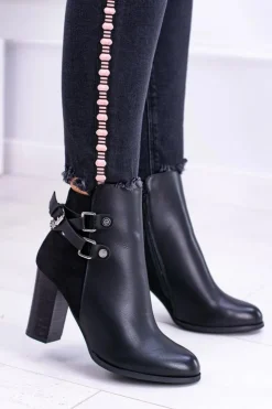 Damskie Boto Czarne Botki Na Słupku Z Paskami Lico Zamsz Nevada