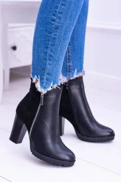 Damskie Boto Czarne Botki Na Słupku z Zamkiem Ortega
