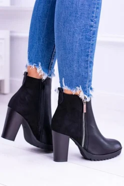 Damskie Boto Czarne Botki Na Słupku z Zamkiem Ortega