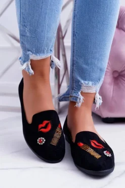 Damskie Boto Czarne Damskie Baleriny Naszywki Lipstick