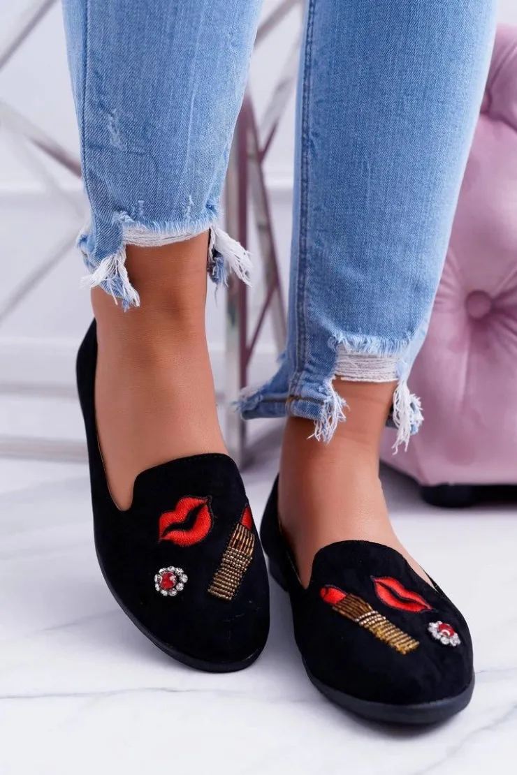 Damskie Boto Czarne Damskie Baleriny Naszywki Lipstick