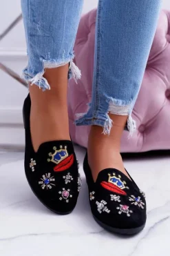 Boto Baleriny Klasyczne*Czarne Damskie Baleriny Naszywki Princess