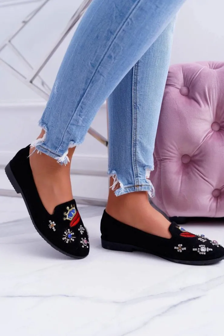 Boto Baleriny Klasyczne*Czarne Damskie Baleriny Naszywki Princess