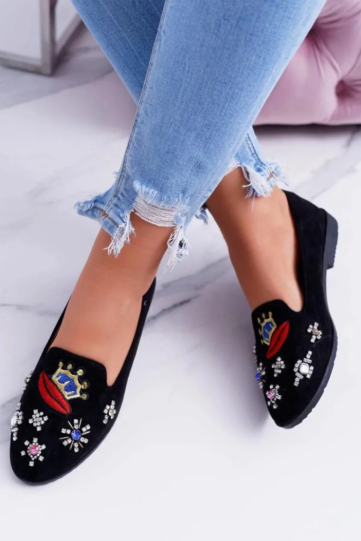 Boto Baleriny Klasyczne*Czarne Damskie Baleriny Naszywki Princess