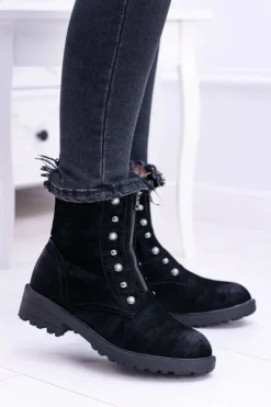 Clearance Damskie buty S.Barski Czarne Damskie Botki Ocieplane Trapery Dowito