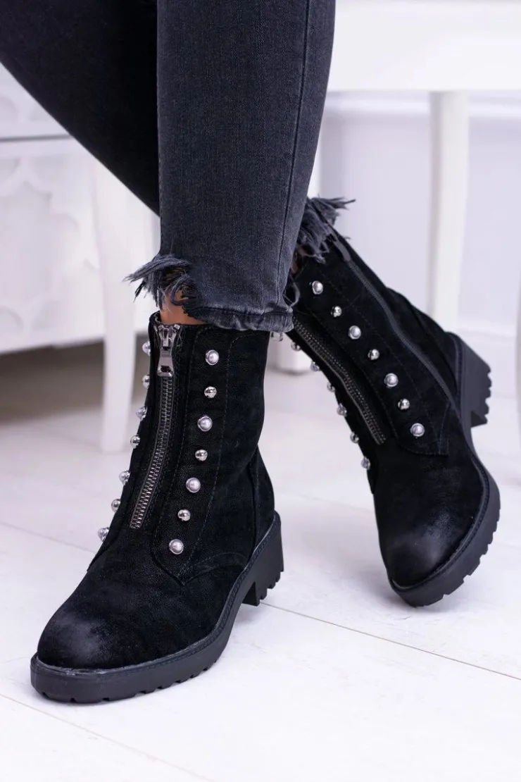 Clearance Damskie buty S.Barski Czarne Damskie Botki Ocieplane Trapery Dowito