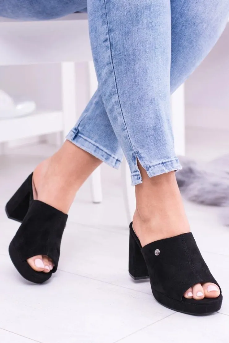 Damskie Boto Czarne Damskie Klapki Na Słupku Elegante