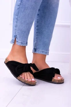 Damskie Boto Czarne Damskie Klapki Z Kokardami Na Korku Sunshine