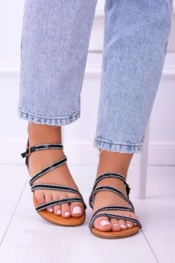 Boto Sandały Płaskie*Czarne Damskie Sandały Z Cyrkoniami Ferragosto